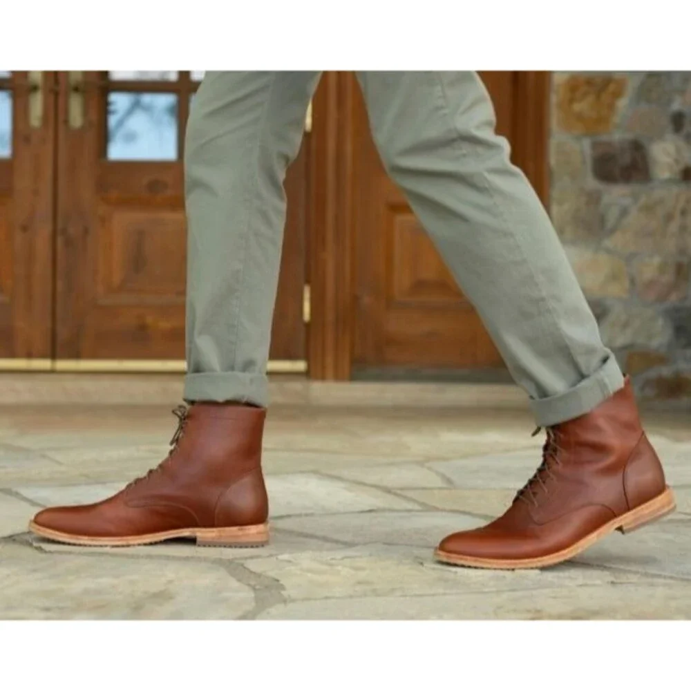 NISOLO MEN'S LACE UP ANDRES LEATHER BOOTS BRANDY $260 NIB‎